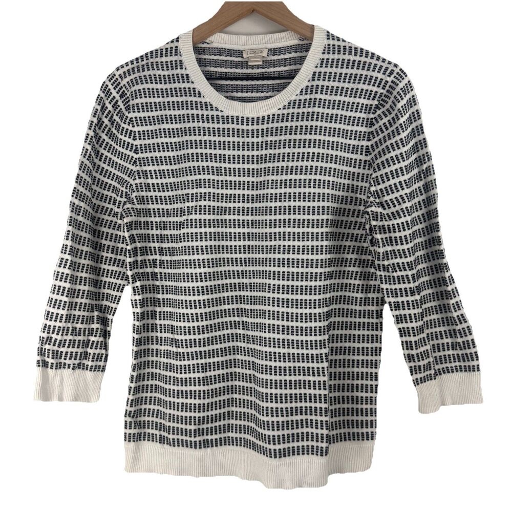 J.CREW Black & White Geometric Striped Crew Neck 3/4 Sleeve Cotton Sweater